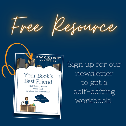 Dark blue background. The header of the post says, “Free Resource.” On the left side of the post is an image of a self-editing workbook called Your Book’s Best Friend. There is an orange arrow pointing to the workbook. The text on the right side of the workbook says, “Sign up for our newsletter to get a self-editing workbook.”