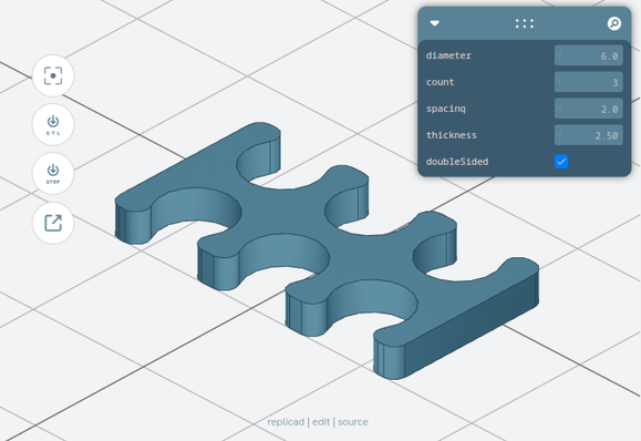 Screenshot of a flat cable comb on a CAD grid, with 3 holes for cables on each side. A popup dialog shows customizable dimensions for diameter, hole count, spacing thickness and whether the comb should be double sided.