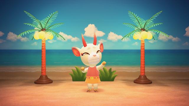Animal Crossing: New Horizons screenshot. Image shows Shino dancing on a beach with two palm tree lamps and some faux bushes behind her. She is wearing a custom designed outfit that looks like a brown tank top and a brown skirt with a belt.