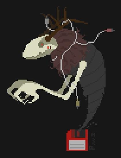 A pixel art of a wendigo coming out of a floppy disk, all tangled in composite cables