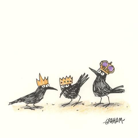 A cartoon illustration of three crows all wearing different crowns.