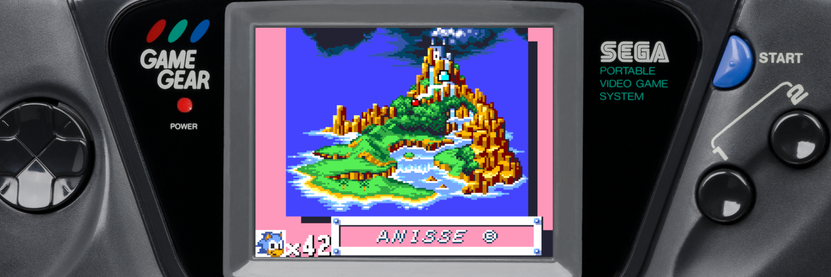 My mastodon Header Image: a zoom on a Game Gear handheld console with a Sonic 1 level named Anisse©, and Sonic has 42 lives.