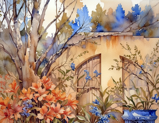 Autumn back yard garden with vibrant orange and blue flowers, against a rustic building with two half-arch windows. Watercolor style.