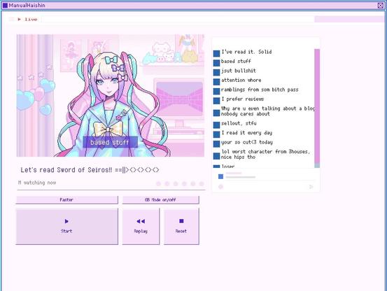 I wrote this stream using the stream generator in the game Needy Streamer Overload. The streamer Kangel is streaming about Sword of Seiros (just my blog) and is reading comments. The comments on the right side read as follows: I've read it. Solid; based stuff; jsut bullshit; attention whore; ramblings from som bitch pass; I prefer reviews; why are u even talking about a blog nobody cares about; sellout,stfu; I read it every day; your so cut<3 today; lol worst character from 3houses, nice hips tho; loser.