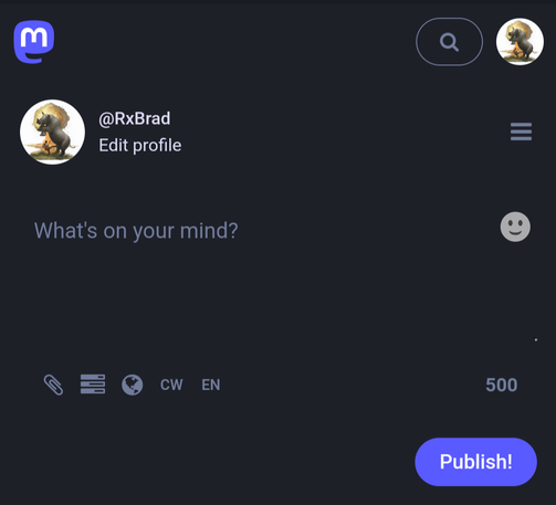 Mastodon post Compose screen, with placeholder text: "What's on your mind?"
