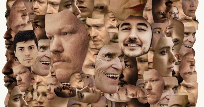 Poster mit ausgeschnittenen Gesichtern der Hauptdarsteller*innen aus "Kinds of Kindness", angereichert mit den Gesichtern von Patrick aus Hürth und Daniel Pook vom Podcast "Die Letzte Filmkritik".