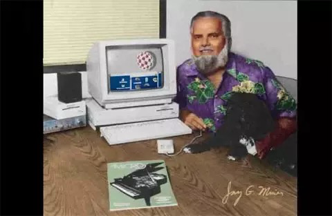 Amiga 1000 mit Jay Miner und dessen Hund Mitchy