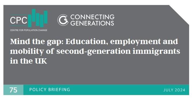 Image shows front cover of the latest CPC-CG Policy Briefing with text that reads:
Centre for Population Change and Connecting Generations
Policy Briefing 75 July 2024
Mind the gap: Education, employment and mobility of second-generation immigrants in the UK