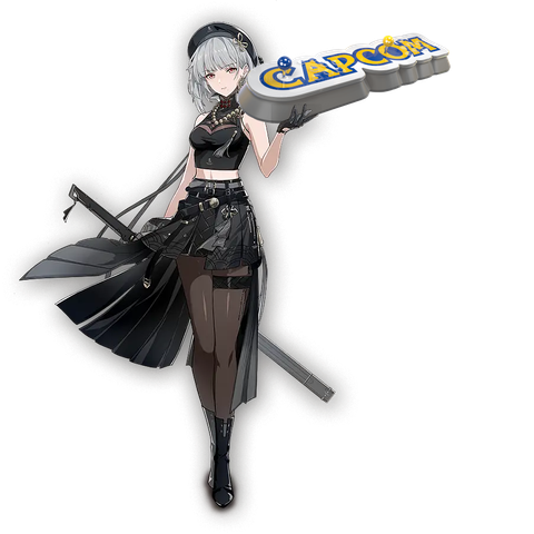A gray haired girl holding an arcade stick with capcom. Her name is Sanhua. Arcade stick that she's holding has parts manufactured by Sanwa