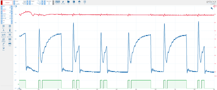 PicoScope software screenshot. 10 ns snapshot of the signal. Three lines:

Blue is data, from 0 to about 6.3 V at some peaks.

Red is 5 V power supply and basically stays stable.

Green is a digital interpretation of blue using a 2 V threshold.

I appear to have captured about 6 bits. Each bit starts with a short pulse which overshoots the 5 V to over 6 V half of the time, reaches its peak after about 45 ns, then falls down to about 1.4 to 1.5 V over the course of 110 ns. It then always rises back up again, either to about 5 V over the course of 1000 ns for a long pulse, or to about 3.5 V over the course of about 175 ns for a short pulse. It then falls down to zero in about 45 ns. It stays at zero for about 1000 ns between bits.

One bit, including the spacing after it, takes about 1700 to 1830 ns for a long pulse, and about 1400 ns for a short pulse.

If I ignore the transition spans and just measure for how long I think the output was switched "high" and "low", I'd say the initial pulse is high for about 50 ns, then low for 120 ns, then high for 1000 ns for a long and 175 ns for a short pulse, then between bits low for 580 to 660 ns after a long pulse and about 1075 ns after a short pulse.