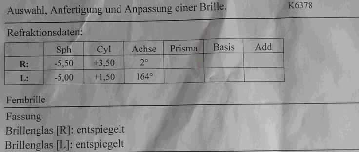 Brillenglasbestimmung:
R Sphäre: -5,50 | Zylinder +3,50 | Achse 2° -  L Späre: -5,00| Zylinder +1,50 | Achse 164