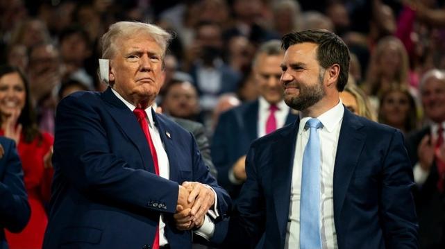 Former President Trump and newly-announced running mate Sen. J.D. Vance (R-Ohio) are seen during the Republican National Convention at the Fiserv Forum in Milwaukee, Wis., on Monday, July 15, 2024.