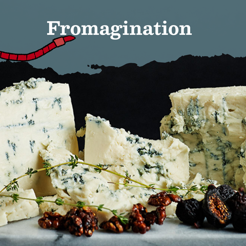 Text that reads Fromagination, next to a red worm illustration. The text is layered on an image of blue cheese, nuts, and figs.