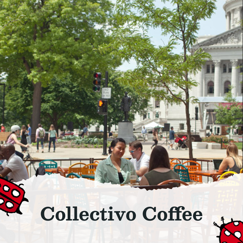 Text that reads Collectivo Coffee, next to two spotted red beetle illustrations. The text is layered on an image of outdoor seating with orange and blue chairs.