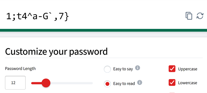 screenshot of password generator with "Easy to read" option selected. Generated password is:1;t4^a-G`,7}