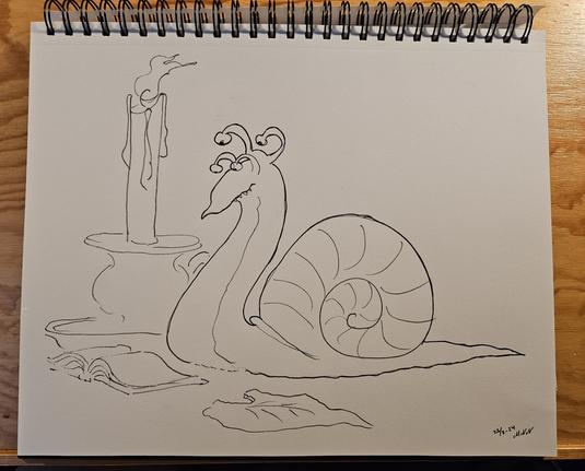 Snail reading a small book under a normal sized candle.