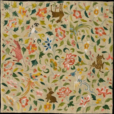 "This textile demonstrates the longevity of motifs in eastern Central Asia. The placement of animals—a spotted horse, a rabbit, and two deer (or antelope)—at its cardinal points is a compositional device that began to appear in the region during the Han dynasty. The birds on the piece, especially the parrot, entered the Central Asian repertoire during a second period of strong Chinese influence, the Tang dynasty. The floral background's central motif of lotus blossoms, a lotus leaf, and a trefoil leaf was seen in Central Asia and North China but became widespread during the Yuan dynasty."