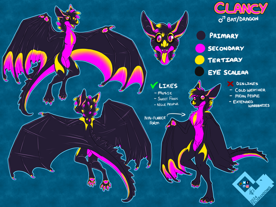 digital art reference of a bat dragon hybrid made of rubber. They are very dark purple, with neon pink and yellow markings. There's also a regular fuzzy version of the OC.