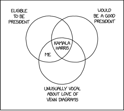 A Venn diagram illustrating the importance and value of Kamala Harris's candidacy in the US (while also sharing a self-deprecating nod to the artist as "UNUSUALLY VOCAL ABOUT LOVE OF VENN DIAGRAMS" but not "WOULD BE A GOOD PRESIDENT")