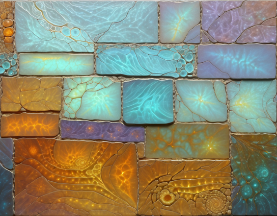 Wall of roughly mortared glowing translucent bricks in golden and pastel colors, with surfaces textured in fractal patterns.