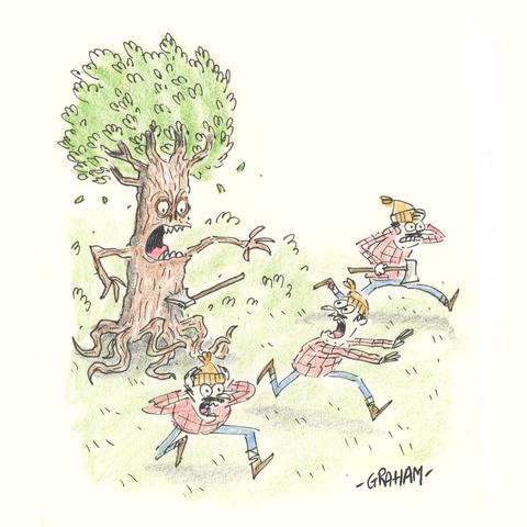 A cartoon illustration of a tree monster with an axe in it's trunk chasing three scared lumberjacks.