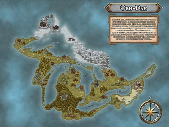A dungeons and dragons continent/region map adapted from a map of the Great Lakes region of North America.  The world is called Oeh-Dah and contains numerous settlements and biomes.