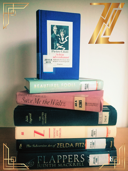 a bookstack of several books on and by Zelda Fitzgerald. The image is decorated with art-déco style golden elements and a big golden letter "Z" (for Zelda)