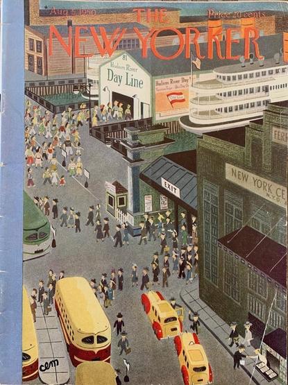 A vintage New Yorker magazine from August 5, 1950. In the cover art by Charles Elmer Martin, we are looking down on a bustling crowd of people entering one ferry terminal and departing another. The arriving people are lining up for buses. Titles are in orange.