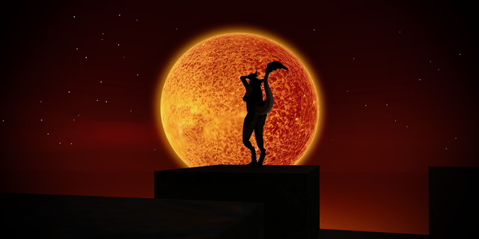 Female Furry posing in front of a dark sun.