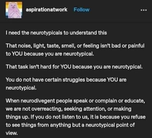 A screenshot of a microblogging post giving point reminders to Neurotypical (who call themselves “normal”) people.