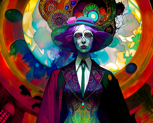 a psychedelic illustrated portrait of a humanoid individual in a suit and hat with an illuminated halo courtesy of viewing angle and an architectural feature