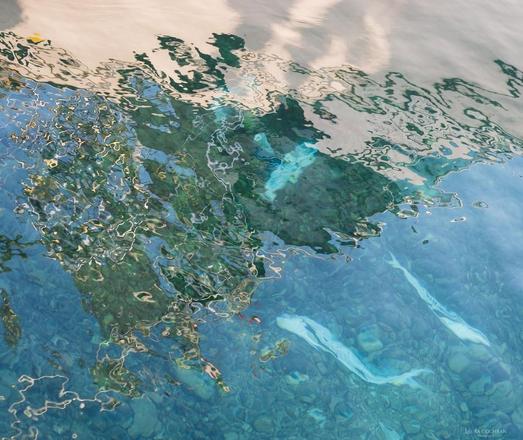 A water abstract of blue, green, taupe and pale blue.