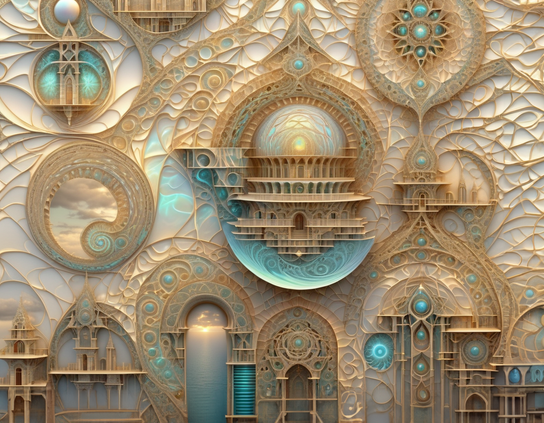 Elaborate architectural design in pearl with gold and iridescent blue accents, with mystical circular motifs, archways, glowing elements, and views into other worlds.