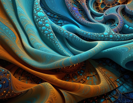 Cosmic design with flowing shapes, vibrant blue and orange hues, iridescent patterns, glowing accents, and swirling textures. Abstract style.