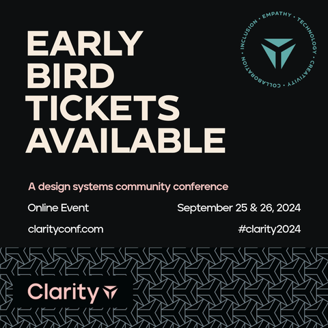 image as described in tweet. Early birds, Sept 25&26, clarityconf.com. Has branded imagery (logo and repeated background).