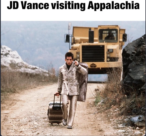 Derek Zoolander in silver lame suit with backpack in front of tractor. Words say, "JD Vance visiting Appalachia."