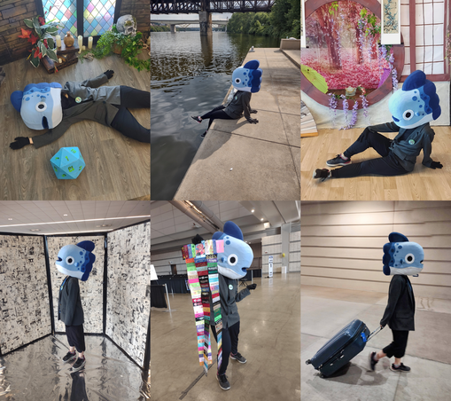6 pictures of photos of a mola with a grey business suit in various situations from sitting by water to dragging a suitcase.