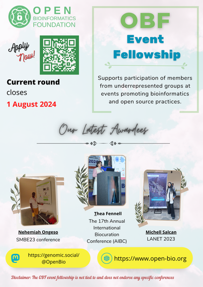 OBF Event Fellowship supports participation of members from underrepresented groups at events promoting bioinformatics and open source practices.