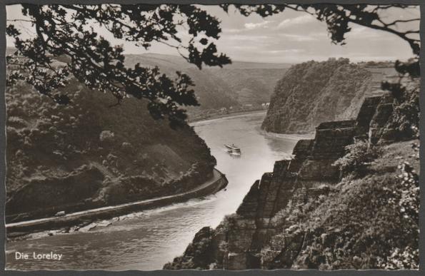 Monochrome real photographic postcard showing a view of a boat on the Rhine by the rock known as the Lorelei in Germany.
Published by F.G. Zeitz, Königssee, No 2392hg, c.1950.
Postally unused.
Very good condition, with minimal corner bumps.
