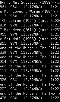 A screenshot of the black background with white text of a terminal window. The text shows several files being transferred at a rate of about 113 megabytes per second.