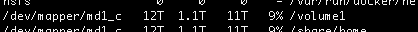 A screenshot of the black background with white text of a terminal window. The text shows the new mount point of /volume1 of the NAS being located in the folder dev under a subfolder mapper. This is with RAID caching.