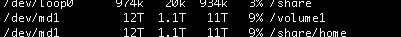 A screenshot of the black background with white text of a terminal window. The text shows the original mount point of /volume1 of the NAS being located in the folder dev. This is without RAID caching.