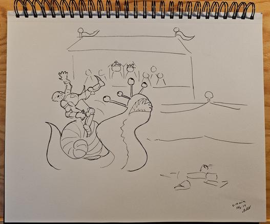 Black and white sketch of an angry snail throwing off an armoured knight that tries to tame it. In the background the audience is watching from a podium, and one knight lies mauled on the ground.