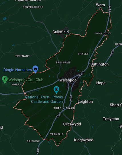 A screenshot of the Google Maps view of Welshpool.