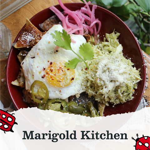 Text that reads Marigold Kitchen, next to two spotted red beetle illustrations. The text is layered on an image of a plate of eggs and fresh veggies.