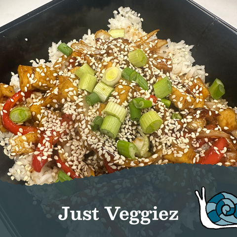 Text that reads Just Veggiez, next to a blue snail illustration. The text is layered on an image of a teriyaki bowl sprinkled with sesame on top.
