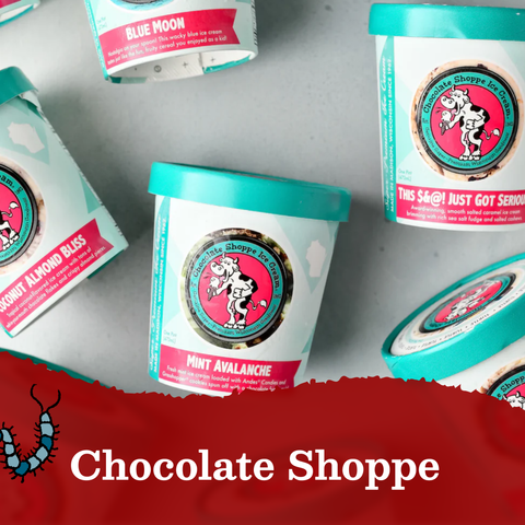 Text that reads Chocolate Shoppe, next to a blue caterpillar illustration. The text is layered on an image of pints of ice cream.