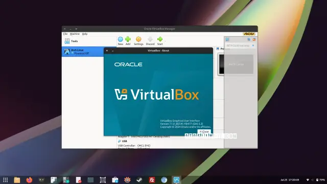 Screenshot of VirtualBox 7.1 on Fedora Linux 40 Workstation showing the main window and the About VirtualBox dialog.