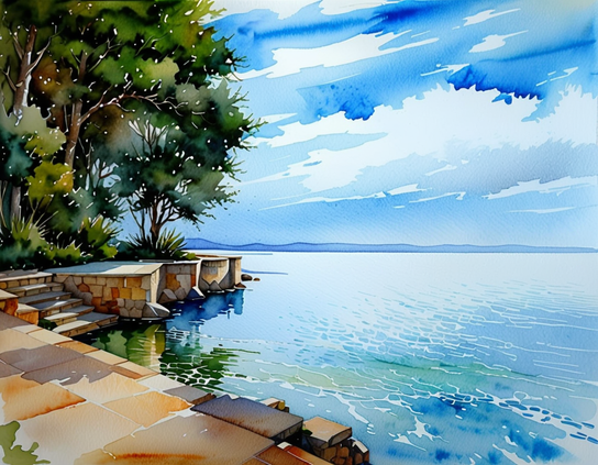 Lakeshore view with dense trees, over stone steps in a stone wall, leading to clear turquoise water, on a sunny day with some windswept clouds. Watercolor style.