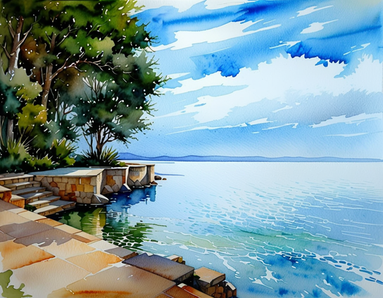 Lakeshore view with dense trees, over stone steps in a stone wall, leading to clear turquoise water, on a sunny day with some windswept clouds. Watercolor style.